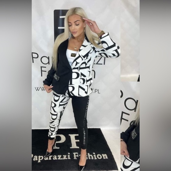 New NWT EUROPEAN ELEGANT black and white PANT SUIT SIZE M/L - Picture 1 of 4